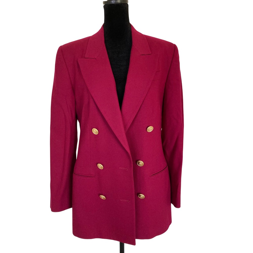 Talbots Womens Cranberry 100% Worsted Wool Double Breast Blazer Gold Buttons S 6
